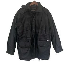 Phase Two Vintage Leather Parka Mens Jacket Size S Black Hooded Utilitarian Coat